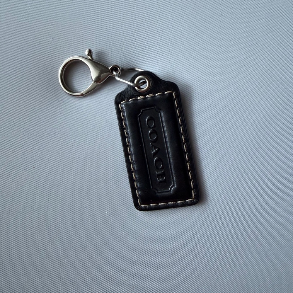 COACH Black Leather Logo Bag Tag with Silver Hardware